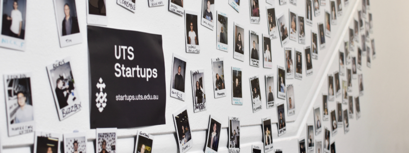 A wall inside UTS Startups covered with polaroid photos of startup founders