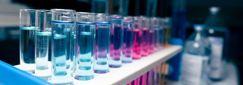 Test tubes with colorful chemicals.