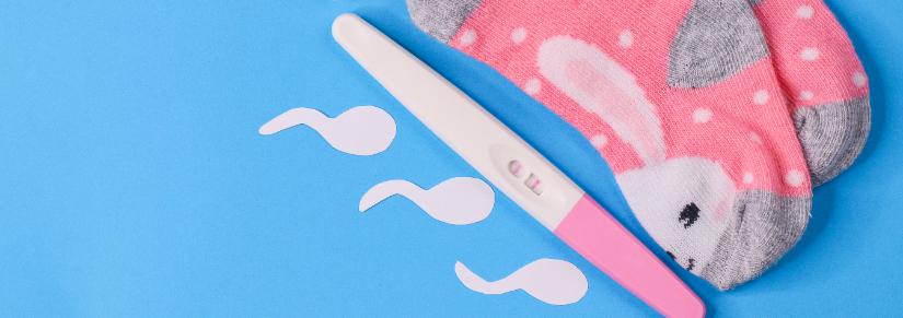 pregnancy test with baby socks and sperm shapes.