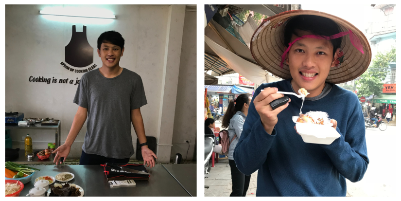 Left image: Simon attends a cooking class while in Vietnam. Right image: Simon samples local food while wearing a conical hat.