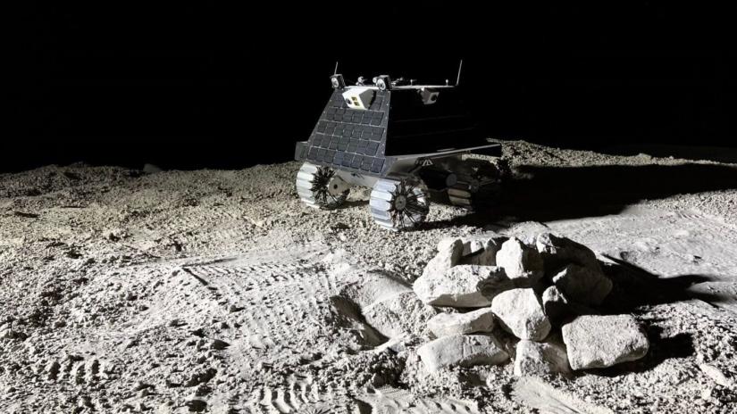 A robot rover on the surface of the Moon