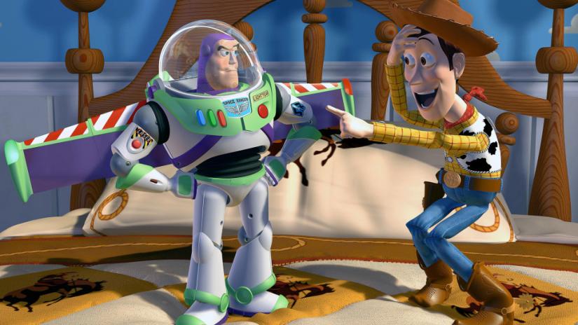 A screengrab from Toy Story, Woody and Buzz speaking