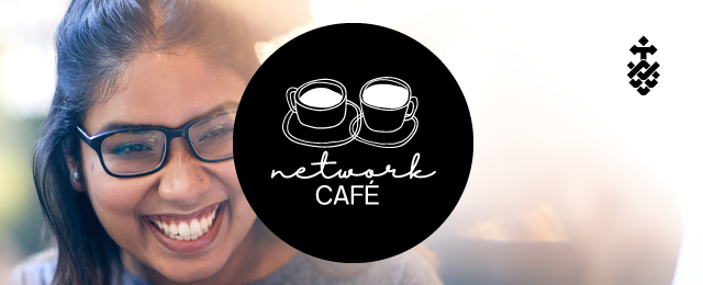 Happy student smiling with Network Cafe logo placed in the centre of the image. The Network Cafe logo has two hot cups of coffee, hand drawn.