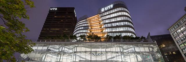 UTS Central and the UTS Tower photographed from Alumni Green at a low angle in the evening by Andy Roberts