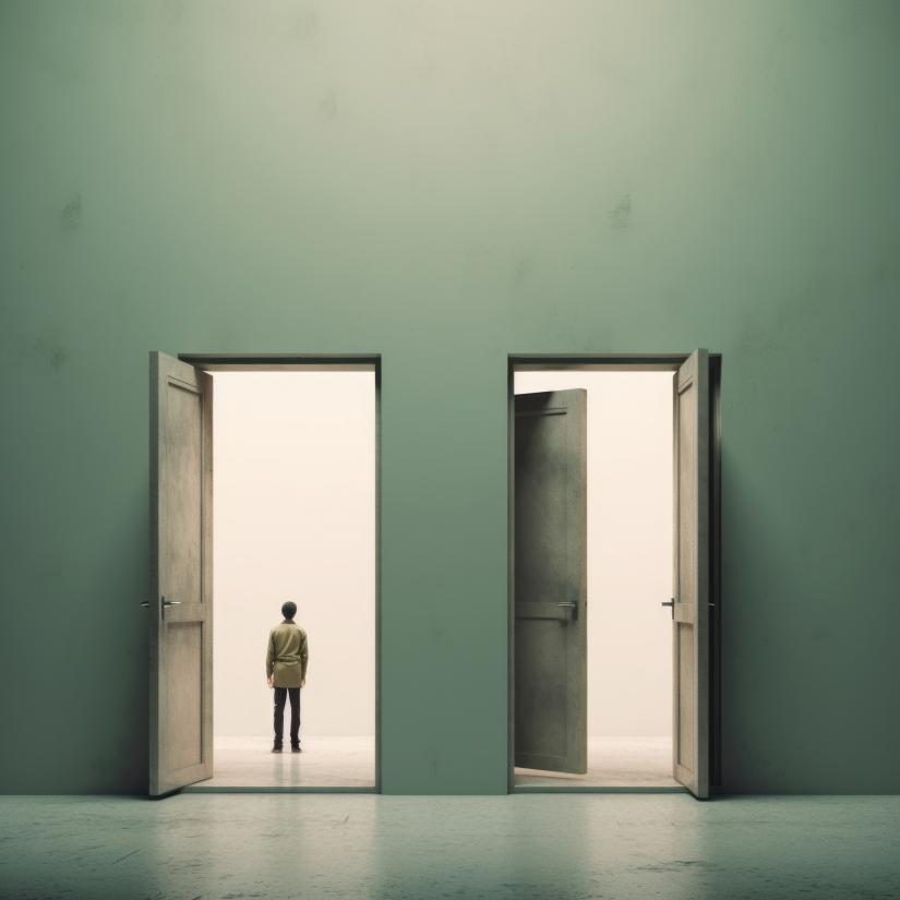 Two doors in a wall, both open, alone figure standing in one of the doorways