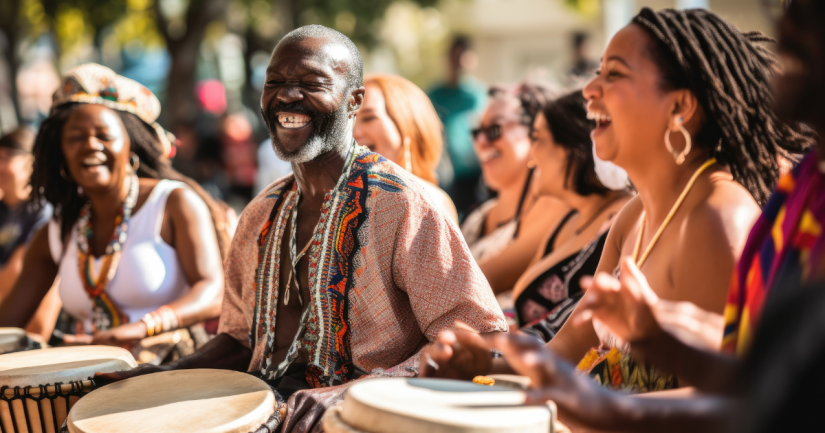 A vibrant drum circle featuring a diverse community creating energetic rhythms