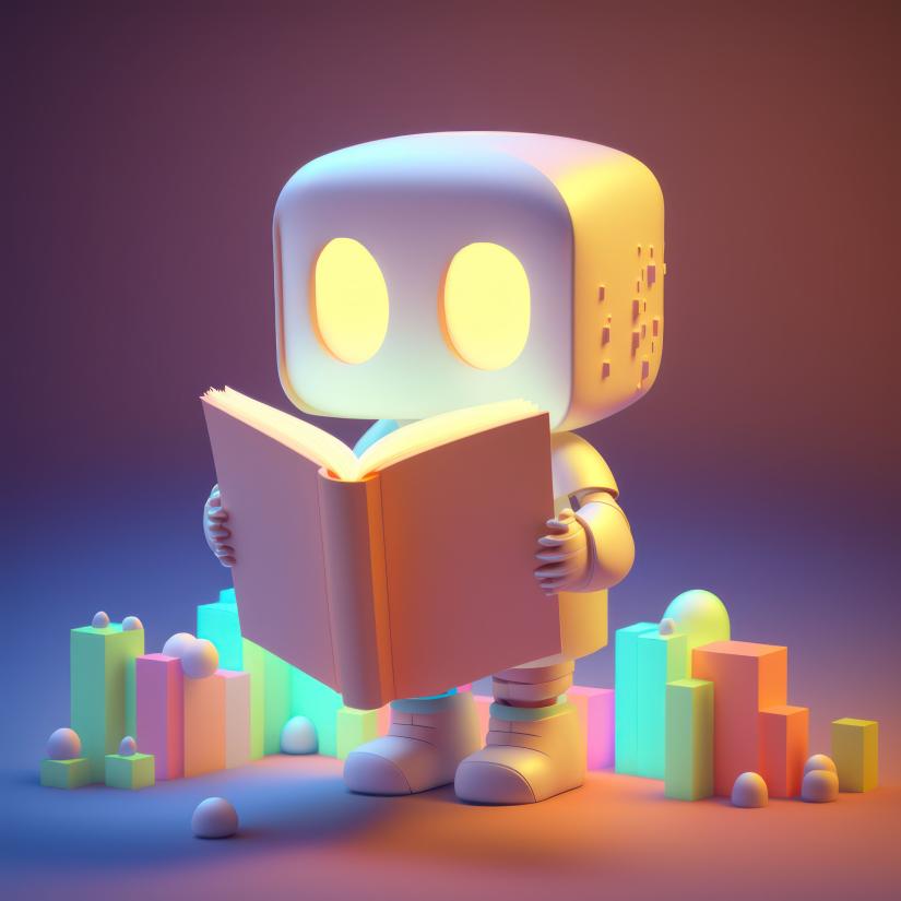 A cute AI bot reads a book suffused in beautiful pastels tones and light