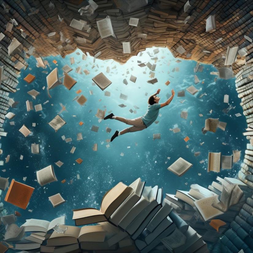 A man reaching for a book floating in a cascade of books mid air