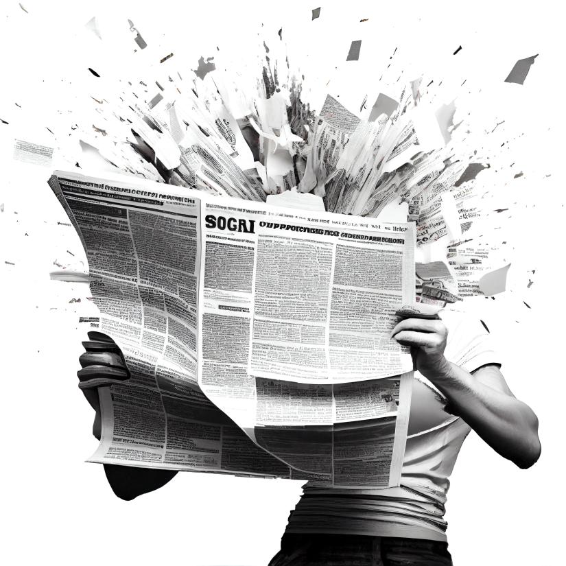 A genAI generated image of a woman holding a newspaper exploding into splinters