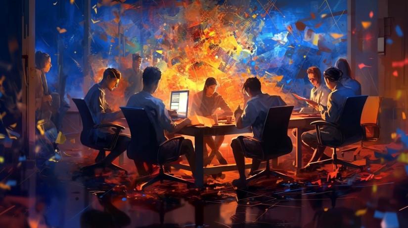 collaborative working team working on laptops at a table silhouetted in a halo of cascading coloured light