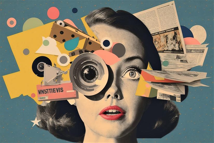 a woman wide eyed, her eye a camera lens and her head shrouded by papers