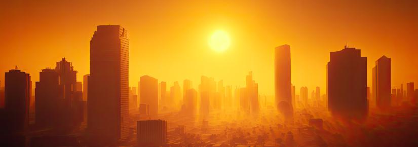 A generative AI image of a blazing sun over an urban landscape.