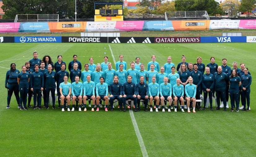 A team photo of the Matildas with the the Sports Science and Sports Medicine team at the 2023 FIFA Women's World Cup