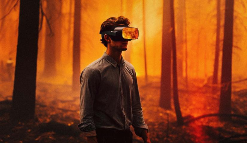 A man stands with virtual reality glasses not seeing the widfires burning around him