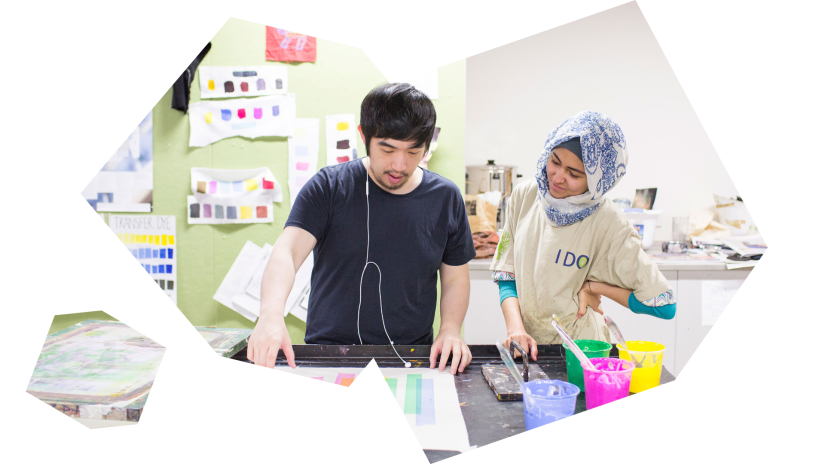 Two students work in the UTS Textiles Workshop