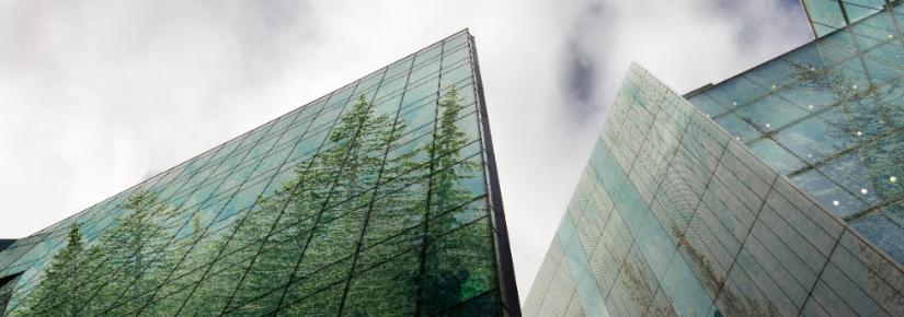 glass buildings with trees reflected