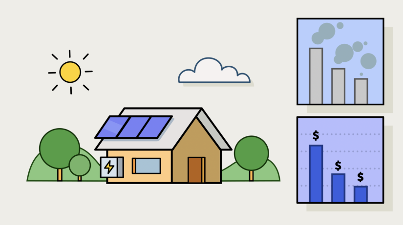 Animated screenshot of a home with rooftop solar panels