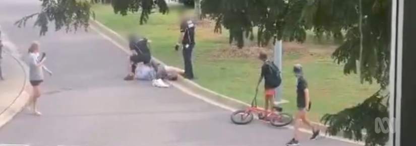 A screenshot from YouTube shows two security guards standing over a person who is on the ground in a park.