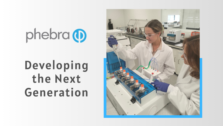 Eliza Collins working in a lab, with Phebra's logo and the words "developing the next generation."