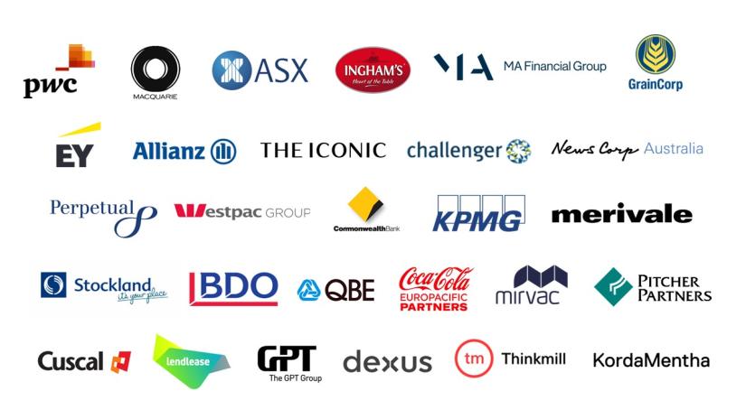 A list of corporate sponsors including PwC, ASX, Macquarie, Inghams, Allianz, EY, QBE, Westpac, MA Financial Group, GrainCorp, The Iconic, Challenger, News Corps Australia, Perpetual, Commonwealth Bank, KPMG, Merivale, Stockland, BDO, QBE, Coca Cola, Mirvac, Pitcher Partners, Cuscal, Lendlease, The GPT Group, Dexus, Thinkmill and KordaMentha. 