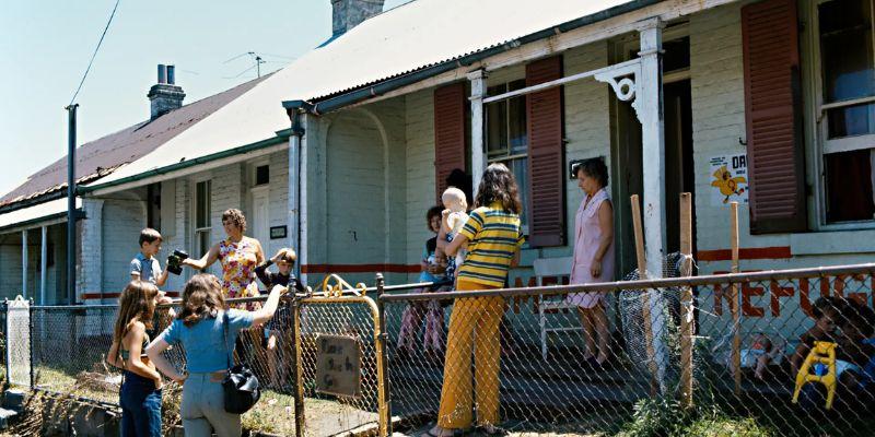 Women and children outside Elsie women's refuge in 1975
