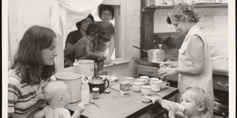 A group of women and children inside the Elsie refuge in 1975