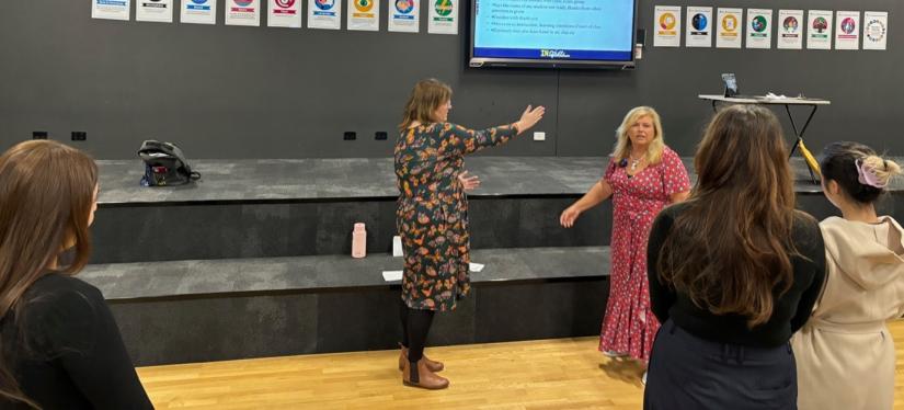 Karen Witherdin and Sonya Donohue acting out a disruptive moment between a teacher and student