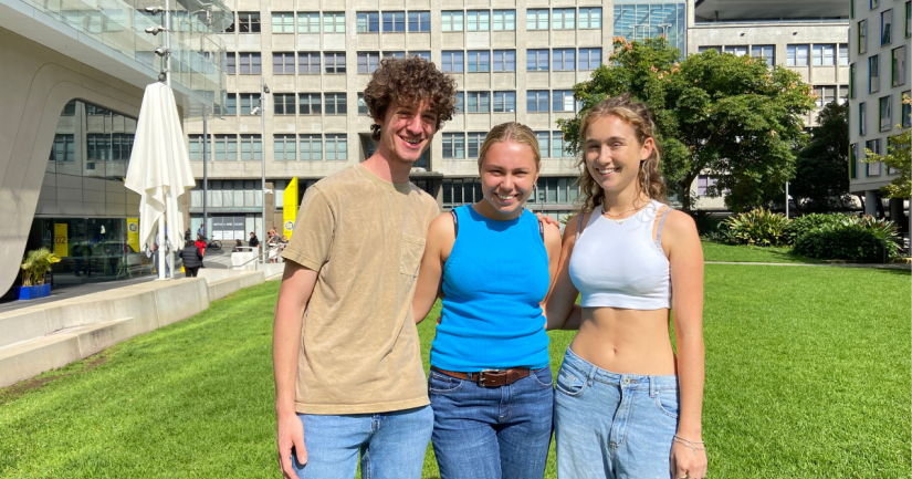 Three students on alumni green