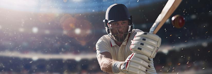 Stock image of a cricket batsman with a stadium crowd in the background 