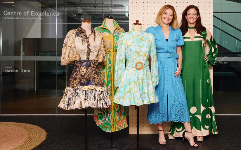 Kellie Hush, The Volte Creative Director and Strategy and Bernadette Olivier, co-founder and CEO The Volte pictured with several dresses