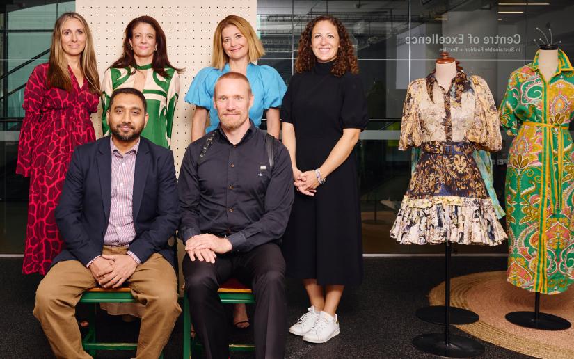 Back row from the left: Director of the UTS Centre of Excellence in Sustainable Fashion & Textiles Dr Lisa Lake, co-founder and CEO of The Volte Bernadette Olivier, The Volte Creative Director and Strategy Kellie-Hush and Institute for Sustainable Futures Research Principal Dr Taylor Brydges. Front row, seated: Associate Professor Maruf Chowdhury from UTS Business School and Associate Professor Timo Rissanen from the School of Design in the Faculty of Design, Architecture and Building. 