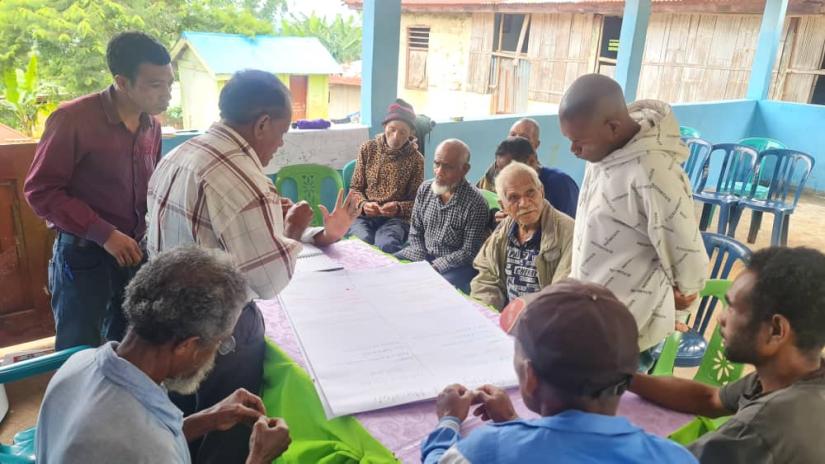 Men in Morcoluli share their experiences of climate and disaster risks in a focus group discussion activity, by drawing a timeline of events over the last 20 years