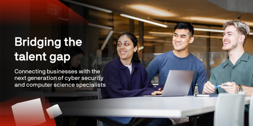 Three young students smiling with the text 'bridging the talent gap: connecting businesses with the next generation of cyber security and computer science specialists'