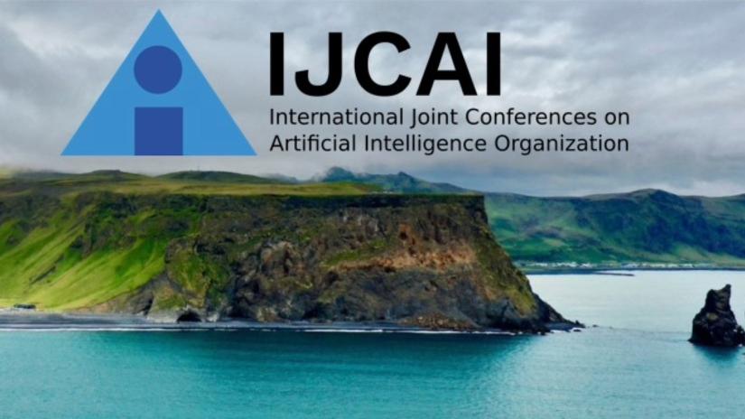 IJCAI conference logo on top of picture of a cliff face overlooking the water, taken in Jeju