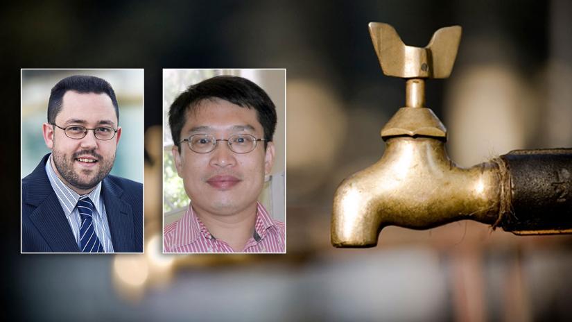 Photos of Michael Blumenstein and Jinyan Li, with a background image of water taps