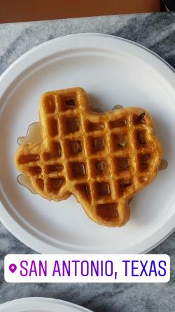 A Texas-shaped waffle, tagged with San Anthonio, Texas
