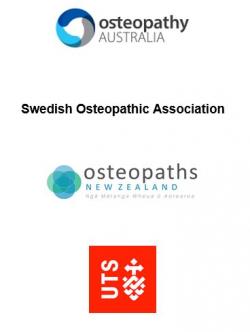 An image with logos and text "Osteopaths New Zealand", "Osteopathy New Zealand", "Swedish Osteopathic Association", "UTS logo"