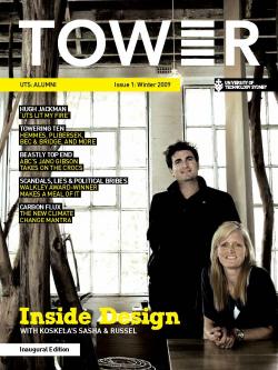 Cover page of Tower Issue 1 featuring Sasha, leaning against a table, and Russel, standing, smiling at the camera