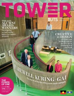 Cover page of Tower Issue 13 featuring various staff and alumni standing at various points on a curved staircase