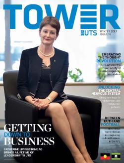 Cover page of Tower Issue 16 featuring Chancellor Catherine Livingstone sitting on a chair smiling at the camera