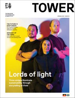 Cover page of Tower Issue 19 featuring three people facing the camera under different coloured lights