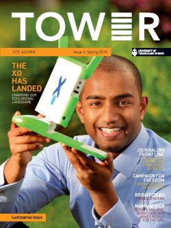 Cover page of Tower Issue 3 featuring Rangan Srikhanta holding the XO device smiling at the camera