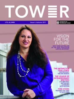 Cover page of Tower Issue 4 featuring Professor Larissa Behrendt leaning against stair railing smiling at the camera