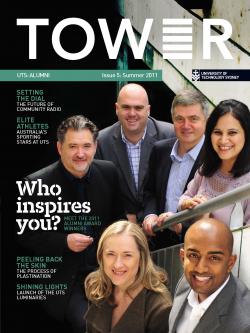 Cover page of Tower Issue 5 featuring various alumni smiling at the camera around the edge of a staircase