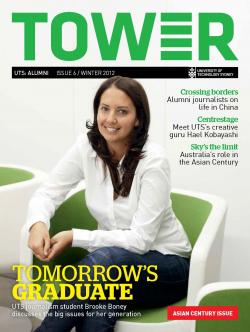 Cover page of Tower Issue 6 featuring Brooke Boney sitting on a green chair smiling at the camera
