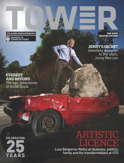Cover page of Tower Issue 8 featuring Luca Belgiorno-Nettis standing atop a crushed red chair with a hand leaning on a boulder
