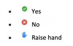 Green tick = yes, Red cross = no, Blue hand = raise hand