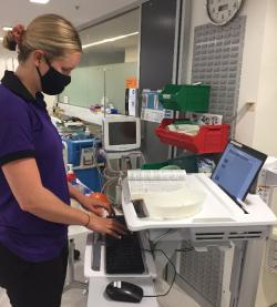 nurse at a computer terminal in a clinical setting