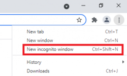 Screenshot of adding a New Incognito Window in Chrome browser
