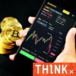 Podcast logo, pile of bitcoin and person holding phone showing trade chart